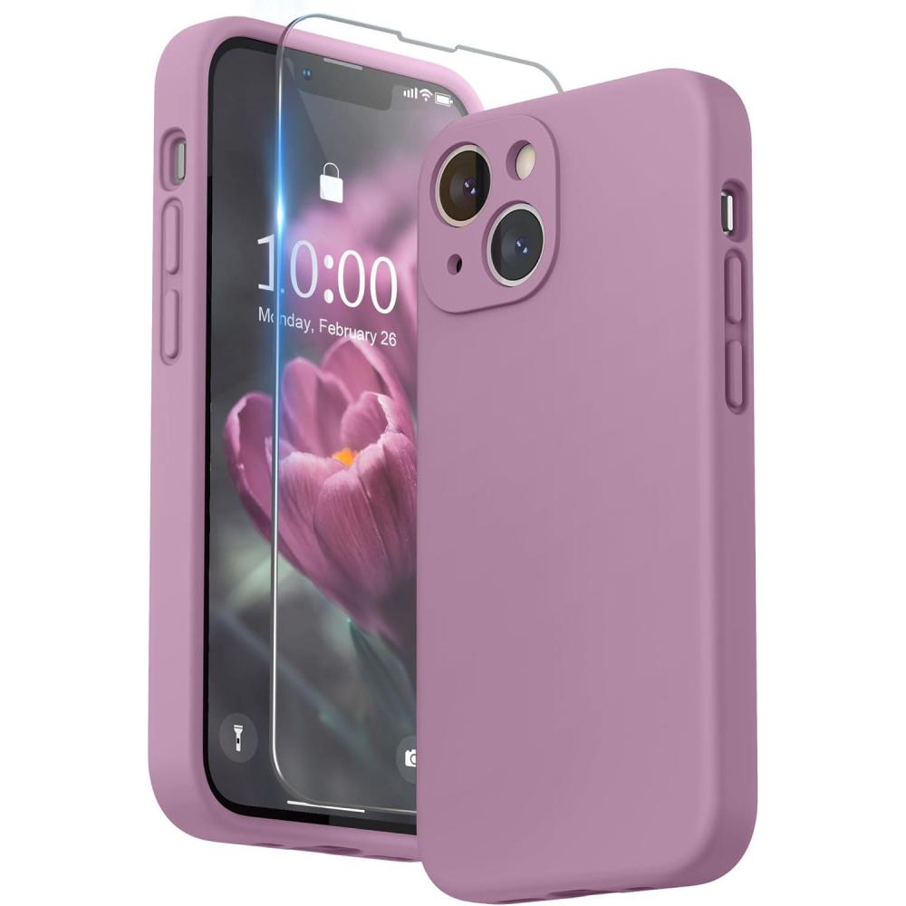 imageSURPHY Compatible with iPhone 13 Mini Case with Screen Protector Camera Protection ampamp Soft Microfiber Lining Liquid Silicone Phone Case 54 inch 2021 Clover GreenLilac Purple