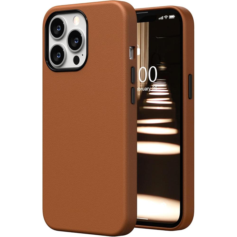 imageSURPHY Compatible with iPhone 13 Pro Case Premium Faux Leather Phone Case with Metallic Buttons ampamp Microfiber Lining for 13 Pro 61 inch 2021 BrownBrown