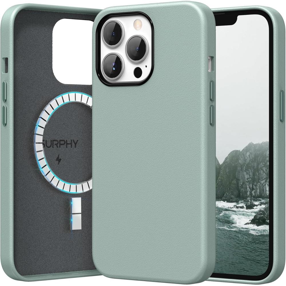 imageSURPHY Compatible with iPhone 13 Pro Case Premium Faux Leather Phone Case with Metallic Buttons ampamp Microfiber Lining for 13 Pro 61 inch 2021 BrownMint Green