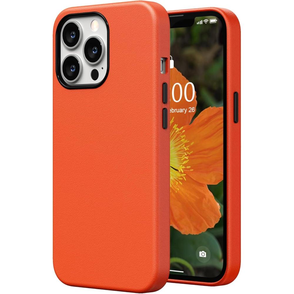 imageSURPHY Compatible with iPhone 13 Pro Case Premium Faux Leather Phone Case with Metallic Buttons ampamp Microfiber Lining for 13 Pro 61 inch 2021 BrownOrange