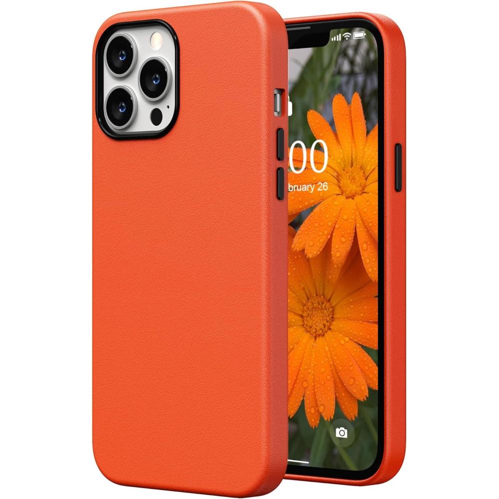 imageSURPHY Compatible with iPhone 13 Pro Max Case Premium Faux Leather Phone Case with Metallic Buttons ampamp Microfiber Lining for 13 Pro Max 67 inch 2021BrownOrange