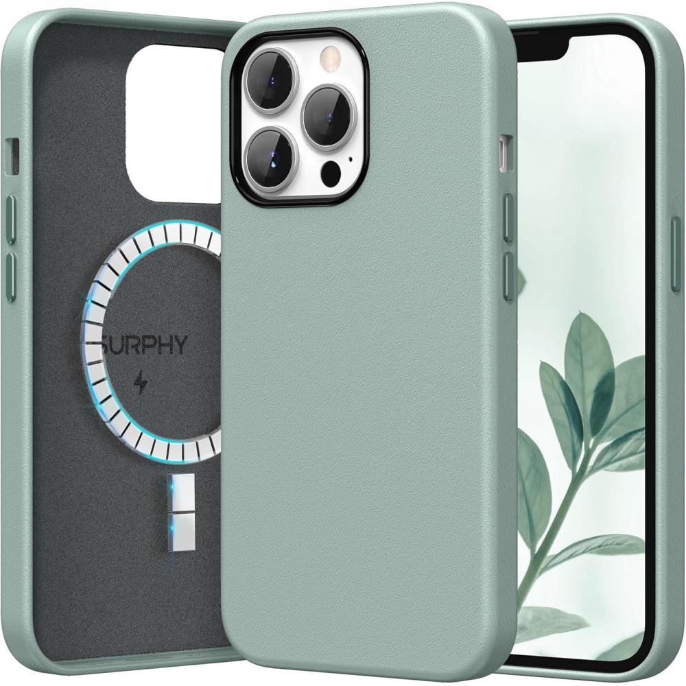 imageSURPHY Compatible with iPhone 13 Pro Max Case Premium Faux Leather Phone Case with Metallic Buttons ampamp Microfiber Lining for 13 Pro Max 67 inch 2021BrownMint Green