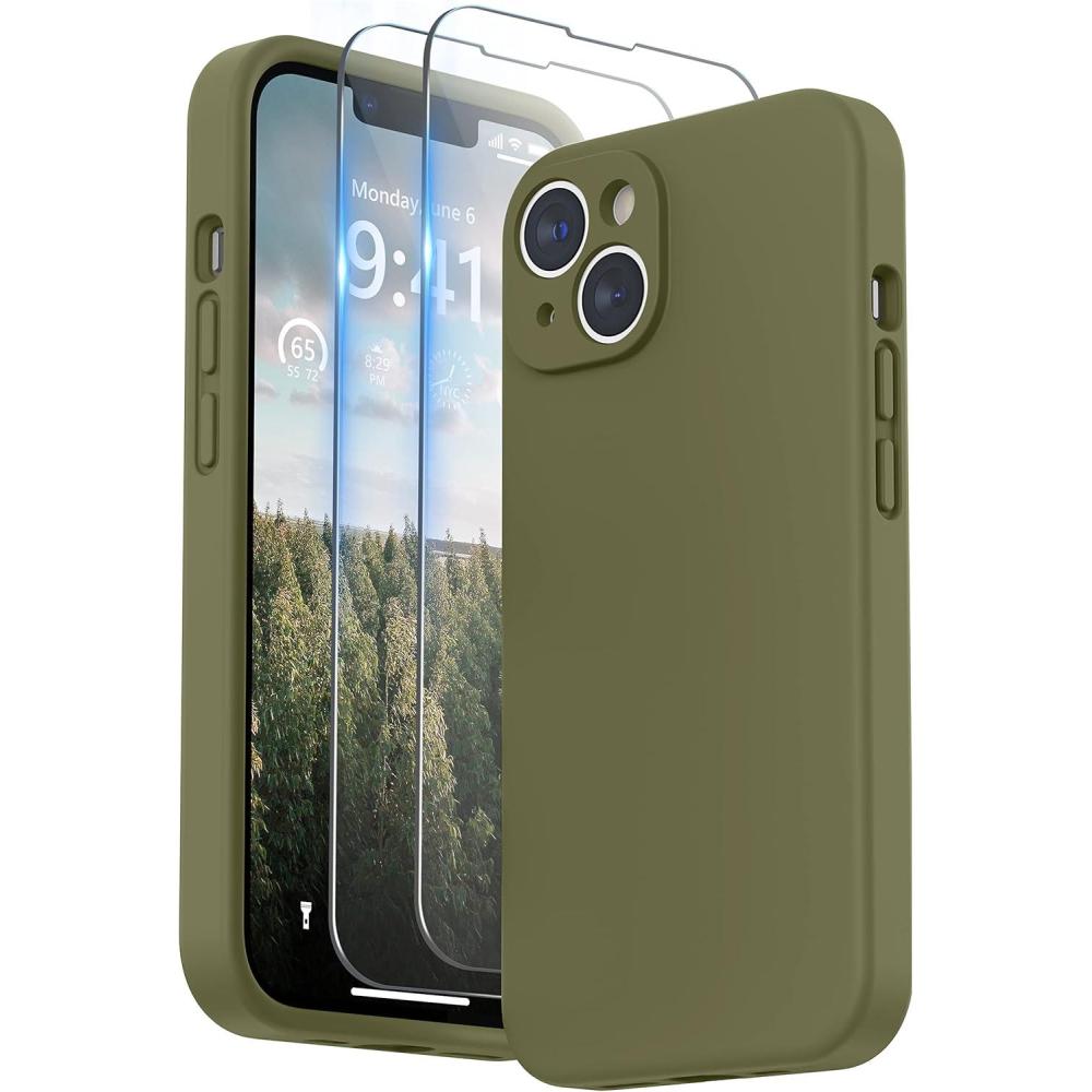 imageSURPHY Compatible with iPhone 14 Case with Screen Protector Camera Protection ampamp Soft Microfiber Lining Liquid Silicone Phone Case 61 inch 2022 RedKhaki Green