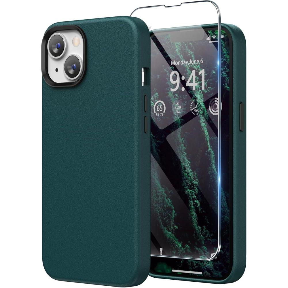 imageSURPHY Designed for Faux Leather iPhone 14 Case with Screen Protector 61 inch Metallic Buttons ampamp Microfiber Lining Leather Phone Case for 14 BrownForest Green