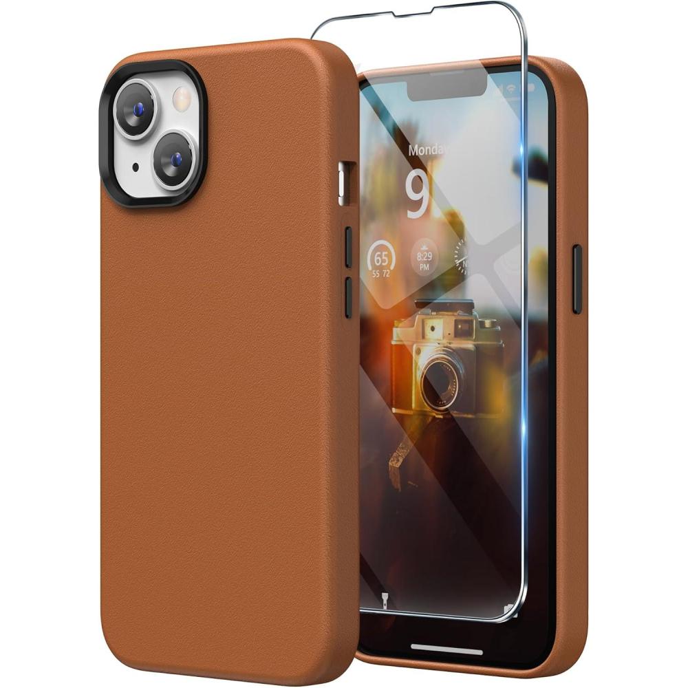 imageSURPHY Designed for Faux Leather iPhone 14 Plus Case with Screen Protector 67 inch Metallic Buttons ampamp Microfiber Lining Leather Phone Case for 14 Plus BrownBrown