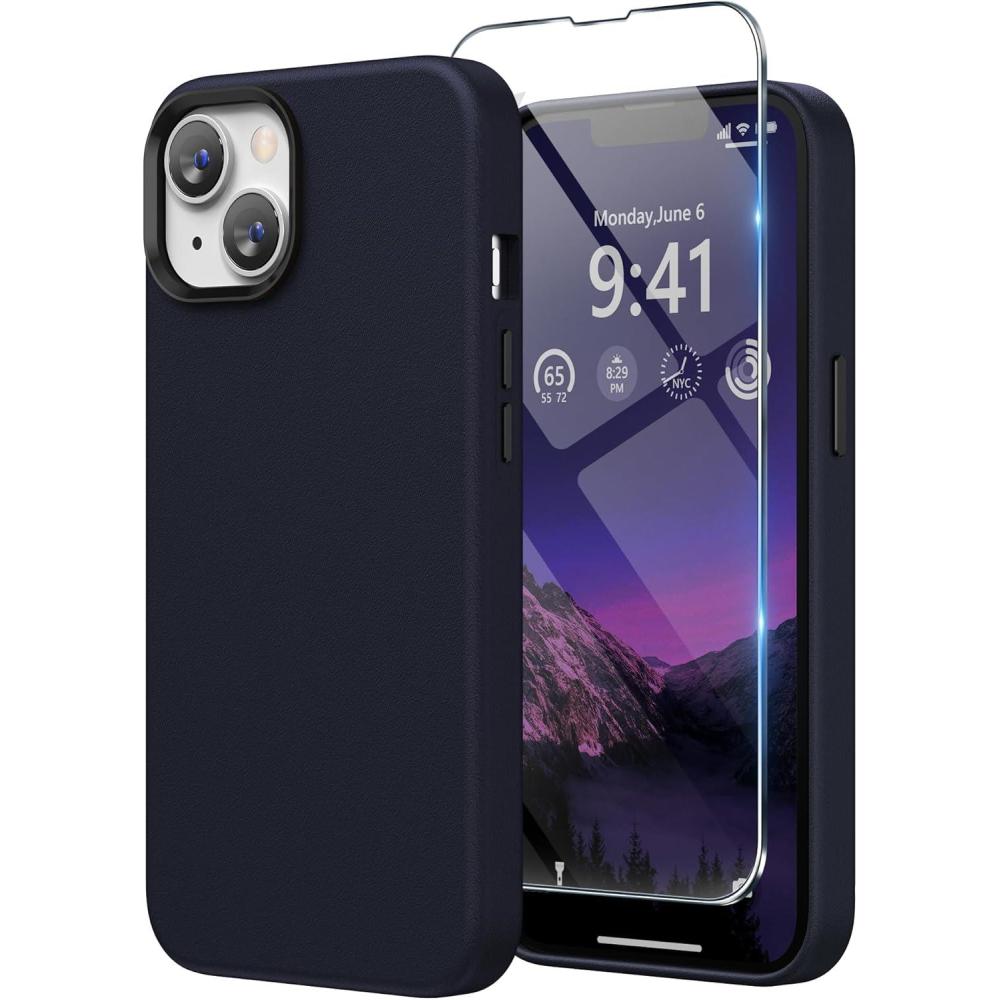 imageSURPHY Designed for Faux Leather iPhone 14 Plus Case with Screen Protector 67 inch Metallic Buttons ampamp Microfiber Lining Leather Phone Case for 14 Plus BrownInk