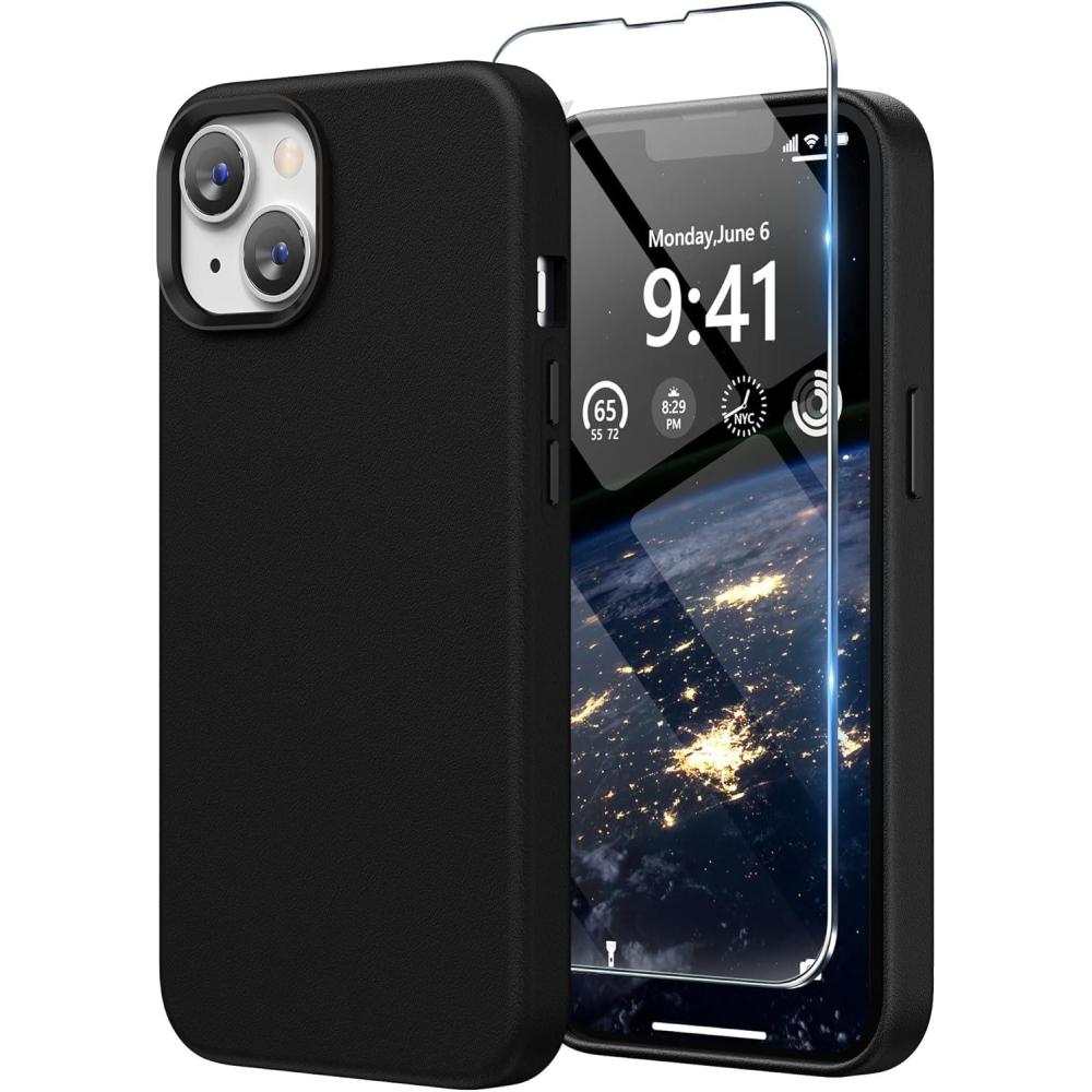 imageSURPHY Designed for Faux Leather iPhone 14 Plus Case with Screen Protector 67 inch Metallic Buttons ampamp Microfiber Lining Leather Phone Case for 14 Plus BrownBlack