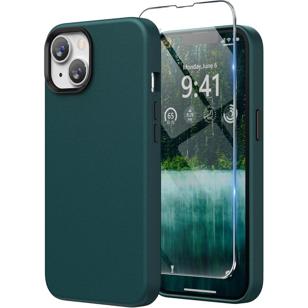 imageSURPHY Designed for Faux Leather iPhone 14 Plus Case with Screen Protector 67 inch Metallic Buttons ampamp Microfiber Lining Leather Phone Case for 14 Plus BrownForest Green