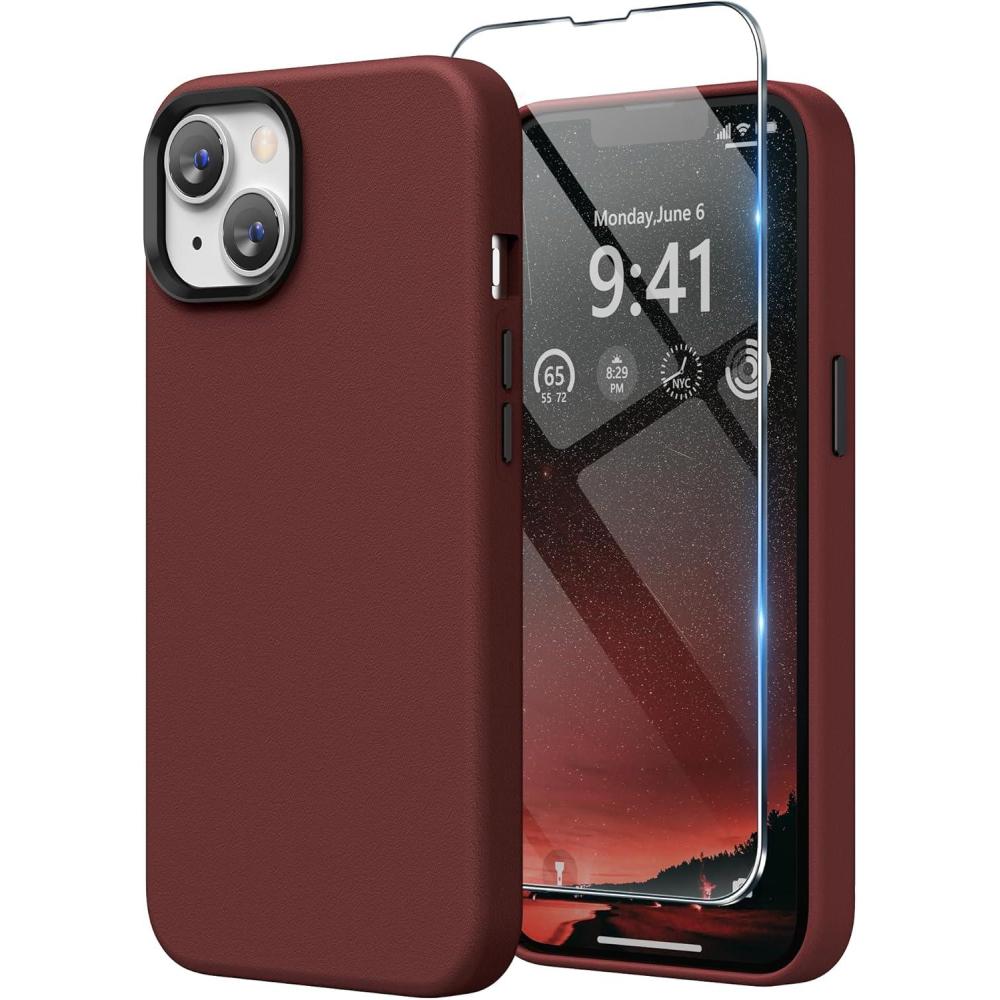 imageSURPHY Designed for Faux Leather iPhone 14 Plus Case with Screen Protector 67 inch Metallic Buttons ampamp Microfiber Lining Leather Phone Case for 14 Plus BrownUmber