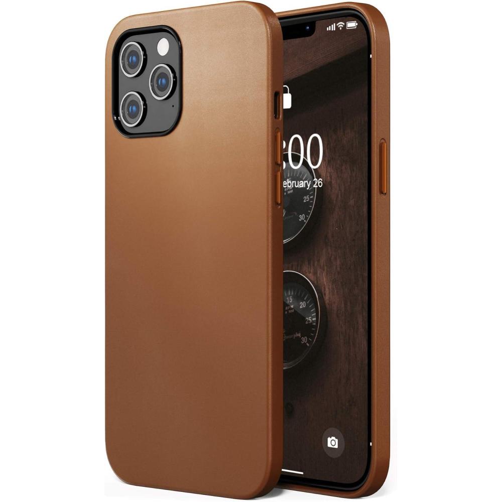 imageSURPHY Designed for iPhone 12 Pro Max Case 67 inch Premium Faux Leather Phone Case with Metallic Buttons ampamp Microfiber Lining Compatible with iPhone 12 Pro Max BrownBrown