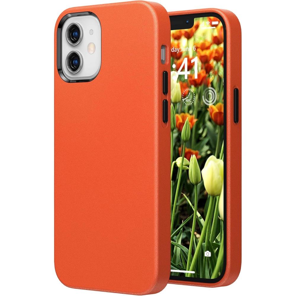 imageSURPHY Designed for iPhone 12 case and iPhone 12 Pro case Premium Faux Leather Phone Case with Metallic Buttons ampamp Microfiber Lining for iPhone 12 ampamp 12 Pro 61 inches 2020 BrownOrange