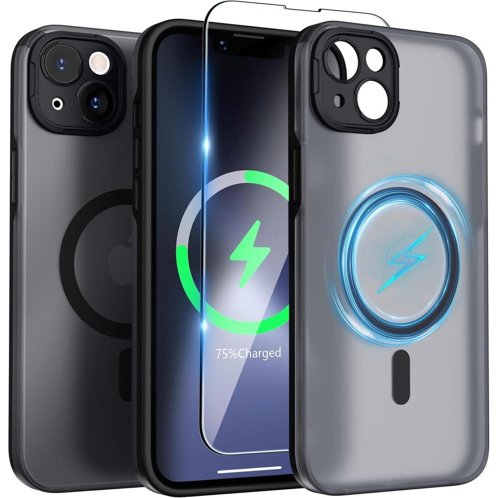 imageSURPHY Designed for iPhone 14 Plus Case Compatible with MagSafe 67 inch 2022 with Screen Protector ampamp Camera Protector Translucent Matte Phone Case Black