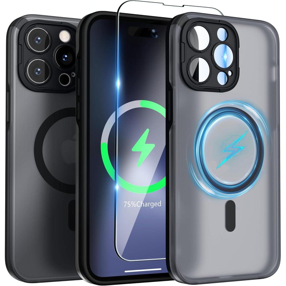 imageSURPHY Designed for iPhone 14 Pro Case Compatible with MagSafe 61 inch 2022 with Screen Protector ampamp Camera Protector Translucent Matte Phone Case BlackBlack