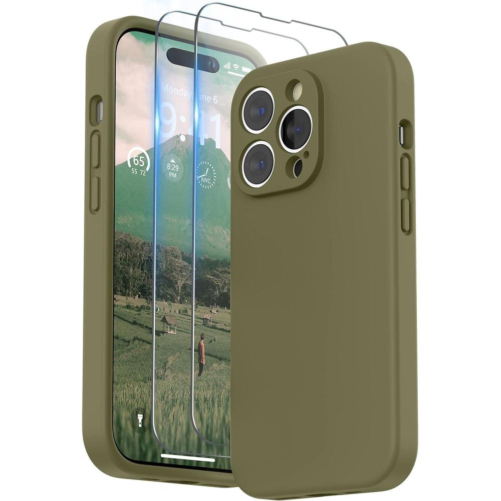 imageSURPHY Designed for iPhone 14 Pro Case with Screen Protector Camera Protection ampamp Soft Microfiber Lining Liquid Silicone Phone Case Cloud BlueKhaki Green