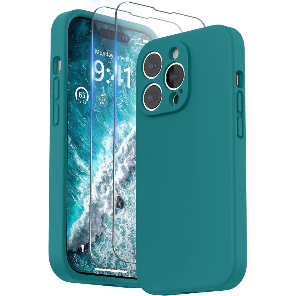 imageSURPHY Designed for iPhone 14 Pro Max Case with Screen Protector with Camera Protection ampamp Soft Microfiber Lining Liquid Silicone Phone Case Cactus GreenTeal Blue
