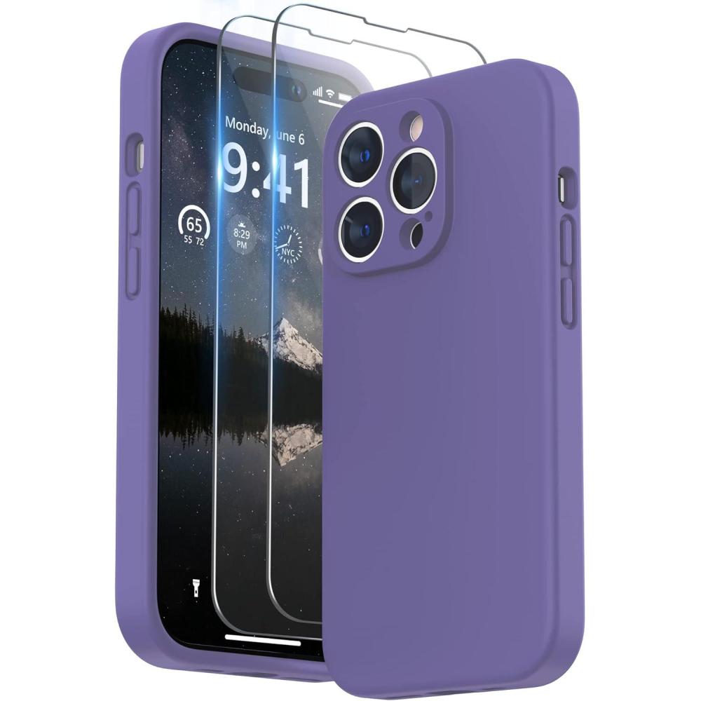 imageSURPHY Designed for iPhone 14 Pro Max Case with Screen Protector with Camera Protection ampamp Soft Microfiber Lining Liquid Silicone Phone Case Cactus GreenIris Purple