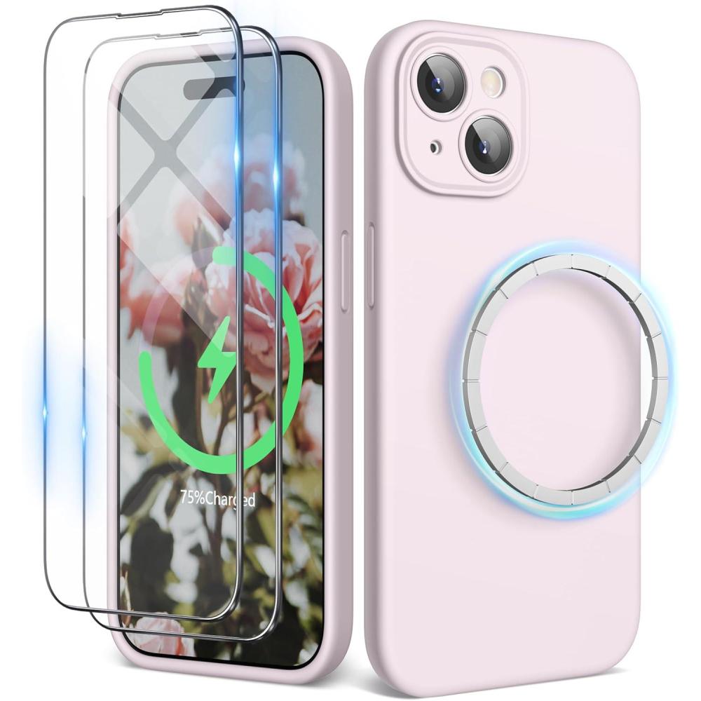 imageSURPHY Designed for iPhone 15 Case Compatible with MagSafe 61 inch 2023 with 2 Pack Screen Protector Liquid Silicone Phone Case Camera Protective ampamp Soft Microfiber Lining Cactus GreenChalk Pink