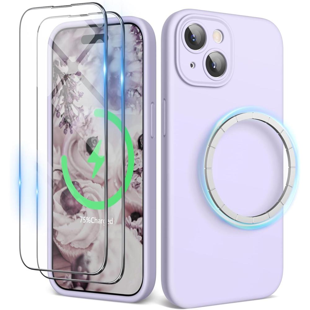 imageSURPHY Designed for iPhone 15 Case Compatible with MagSafe 61 inch 2023 with 2 Pack Screen Protector Liquid Silicone Phone Case Camera Protective ampamp Soft Microfiber Lining Cactus GreenLilac