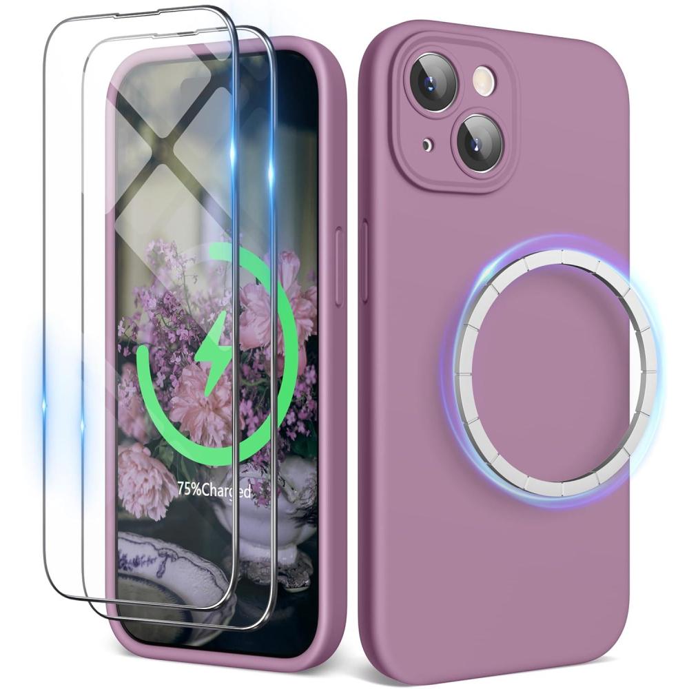imageSURPHY Designed for iPhone 15 Case Compatible with MagSafe 61 inch 2023 with 2 Pack Screen Protector Liquid Silicone Phone Case Camera Protective ampamp Soft Microfiber Lining Cactus GreenLilac Purple