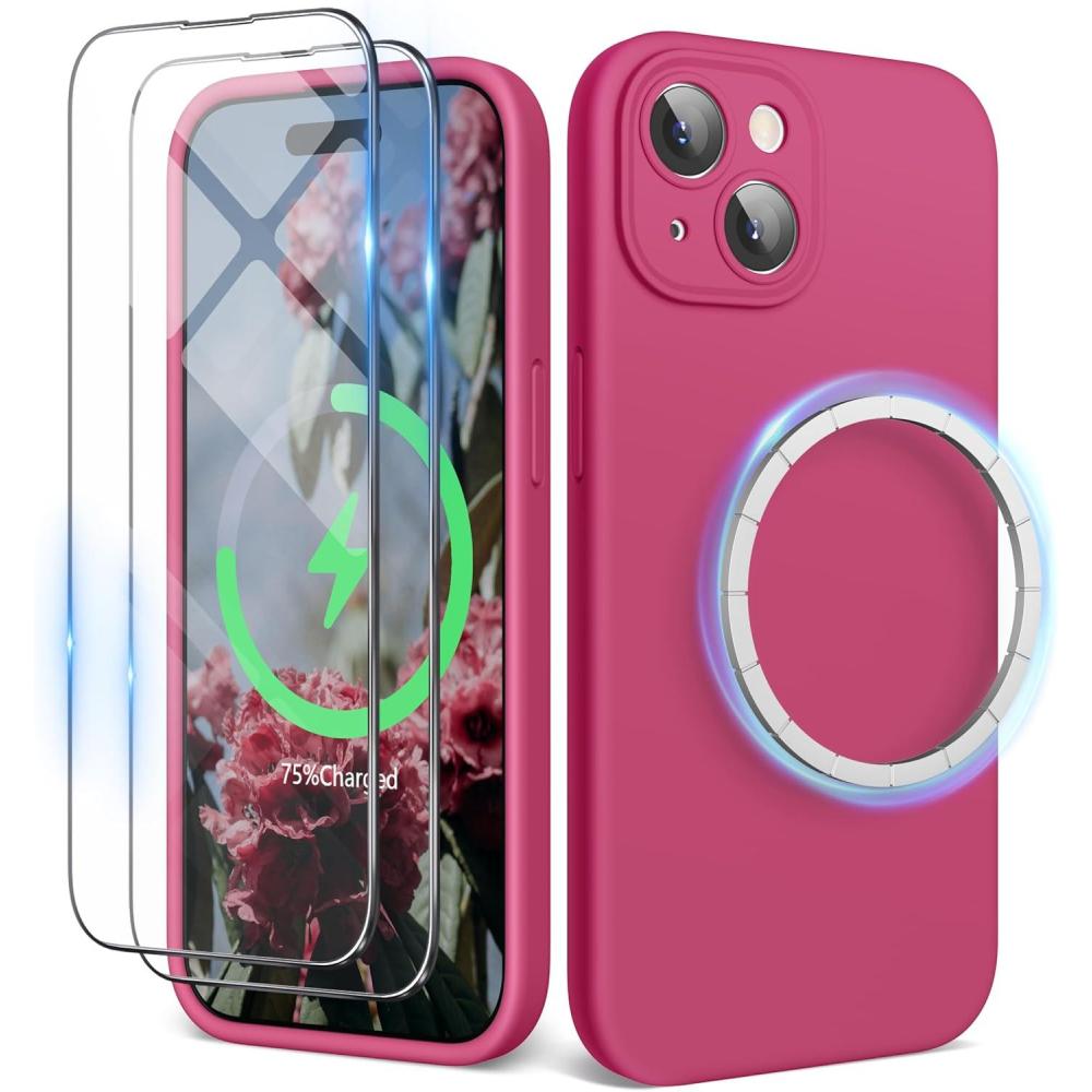 imageSURPHY Designed for iPhone 15 Case Compatible with MagSafe 61 inch 2023 with 2 Pack Screen Protector Liquid Silicone Phone Case Camera Protective ampamp Soft Microfiber Lining Cactus GreenHibiscus