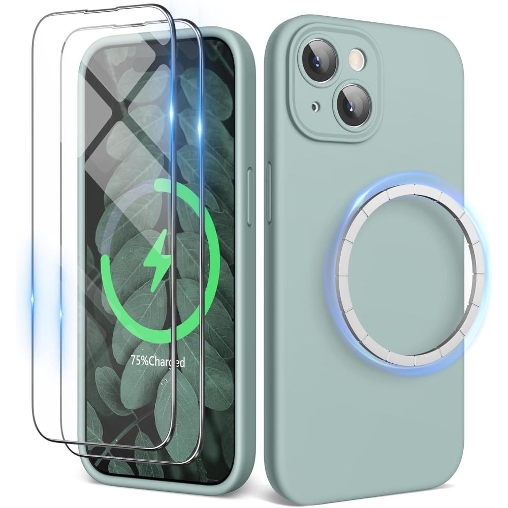 imageSURPHY Designed for iPhone 15 Case Compatible with MagSafe 61 inch 2023 with 2 Pack Screen Protector Liquid Silicone Phone Case Camera Protective ampamp Soft Microfiber Lining Cactus GreenSucculent