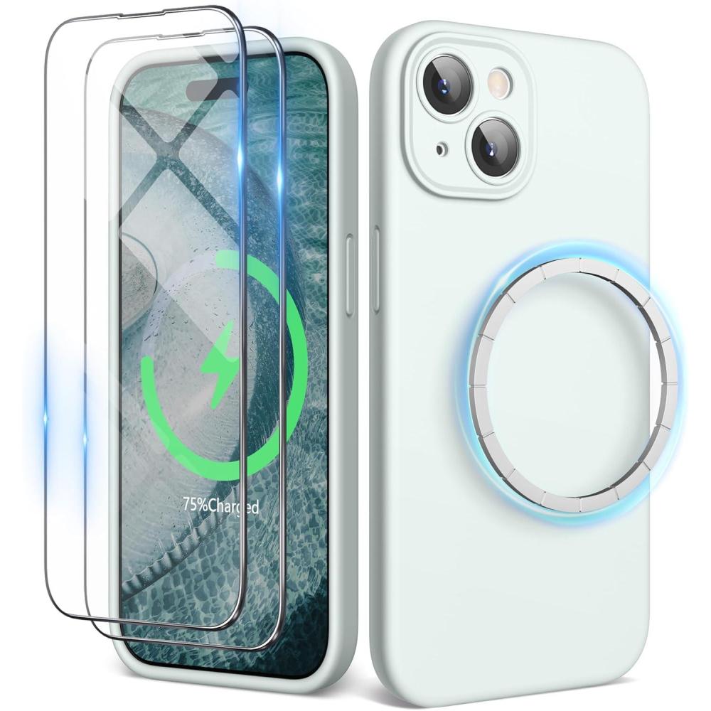 imageSURPHY Designed for iPhone 15 Case Compatible with MagSafe 61 inch 2023 with 2 Pack Screen Protector Liquid Silicone Phone Case Camera Protective ampamp Soft Microfiber Lining Cactus GreenSoft Mint