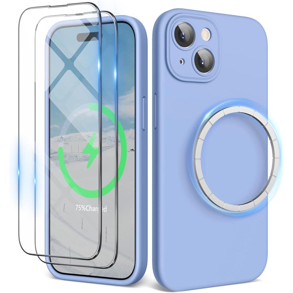 imageSURPHY Designed for iPhone 15 Case Compatible with MagSafe 61 inch 2023 with 2 Pack Screen Protector Liquid Silicone Phone Case Camera Protective ampamp Soft Microfiber Lining Cactus GreenWinter Blue