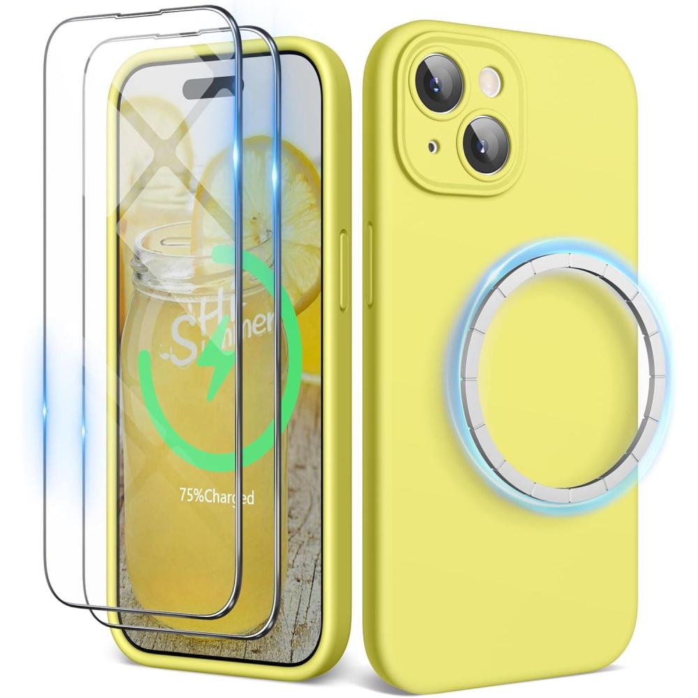 imageSURPHY Designed for iPhone 15 Case Compatible with MagSafe 61 inch 2023 with 2 Pack Screen Protector Liquid Silicone Phone Case Camera Protective ampamp Soft Microfiber Lining Cactus GreenYellow