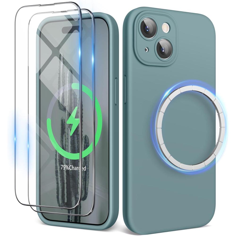 imageSURPHY Designed for iPhone 15 Case Compatible with MagSafe 61 inch 2023 with 2 Pack Screen Protector Liquid Silicone Phone Case Camera Protective ampamp Soft Microfiber Lining Cactus GreenCactus Green