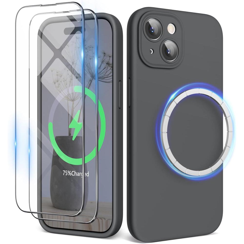 imageSURPHY Designed for iPhone 15 Case Compatible with MagSafe 61 inch 2023 with 2 Pack Screen Protector Liquid Silicone Phone Case Camera Protective ampamp Soft Microfiber Lining Cactus GreenClay