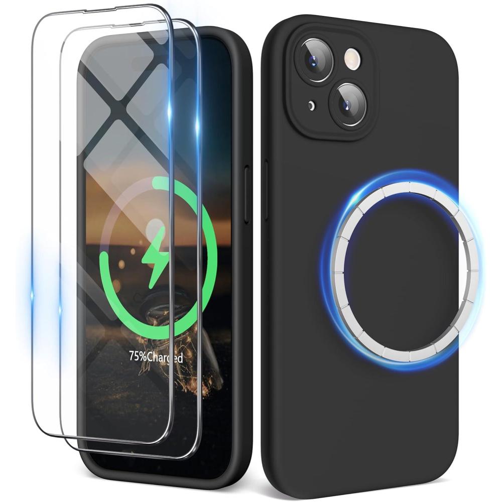 imageSURPHY Designed for iPhone 15 Case Compatible with MagSafe 61 inch 2023 with 2 Pack Screen Protector Liquid Silicone Phone Case Camera Protective ampamp Soft Microfiber Lining Cactus GreenBlack