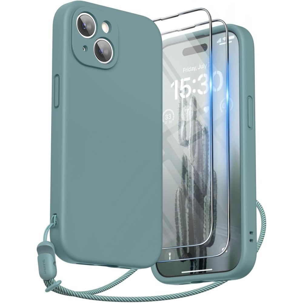 imageSURPHY Designed for iPhone 15 Case with Screen Protector and Lanyard Phone Strap and Liquid Silicone Phone Case Camera Protective ampamp Soft Microfiber Lining 61 inch 2023 Lilac PurpleCactus Green