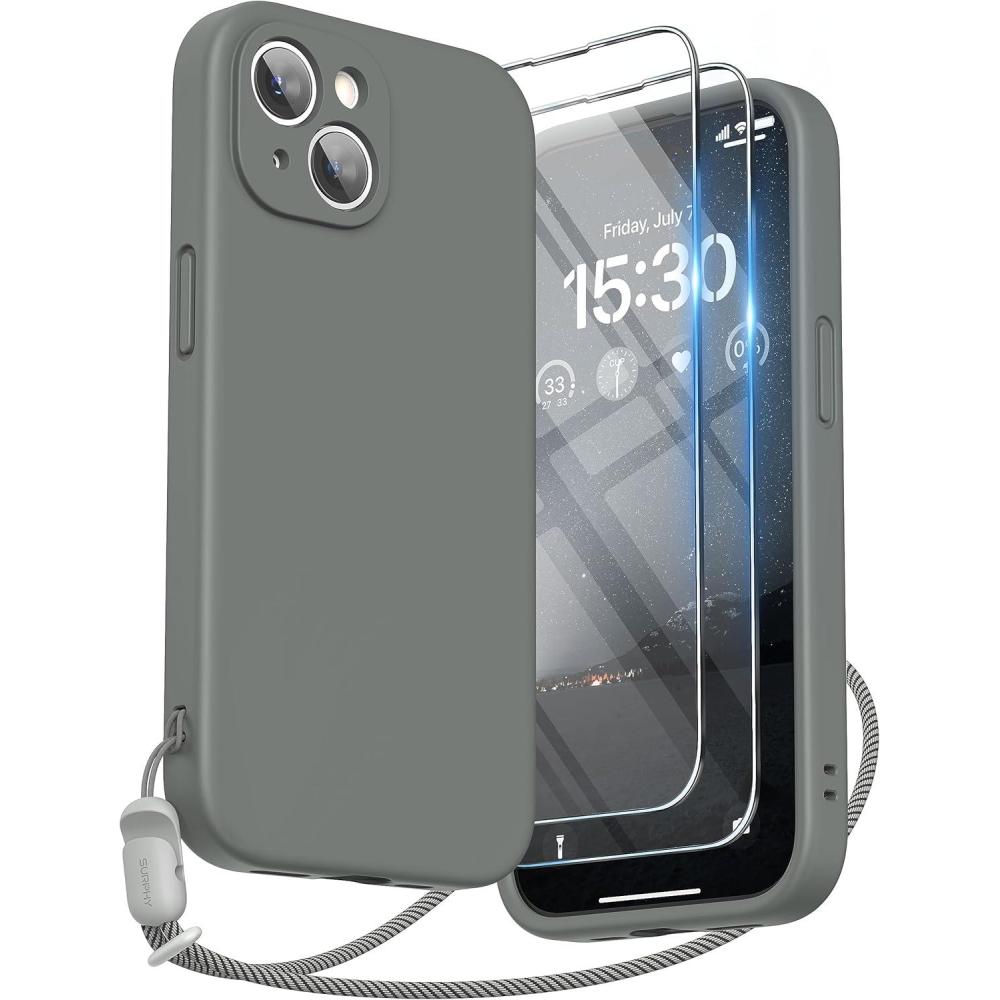 imageSURPHY Designed for iPhone 15 Case with Screen Protector and Lanyard Phone Strap and Liquid Silicone Phone Case Camera Protective ampamp Soft Microfiber Lining 61 inch 2023 Lilac PurpleSpace Gray