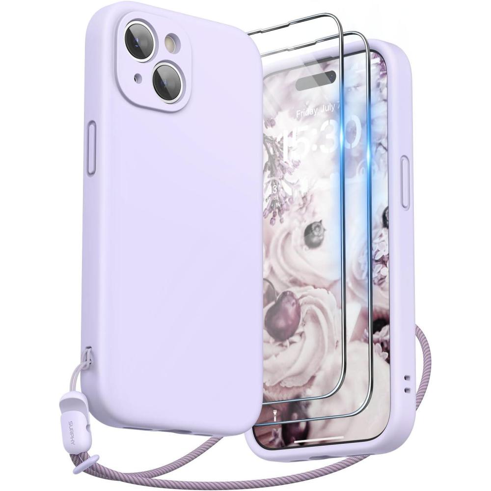 imageSURPHY Designed for iPhone 15 Case with Screen Protector and Lanyard Phone Strap and Liquid Silicone Phone Case Camera Protective ampamp Soft Microfiber Lining 61 inch 2023 Lilac PurpleLilac