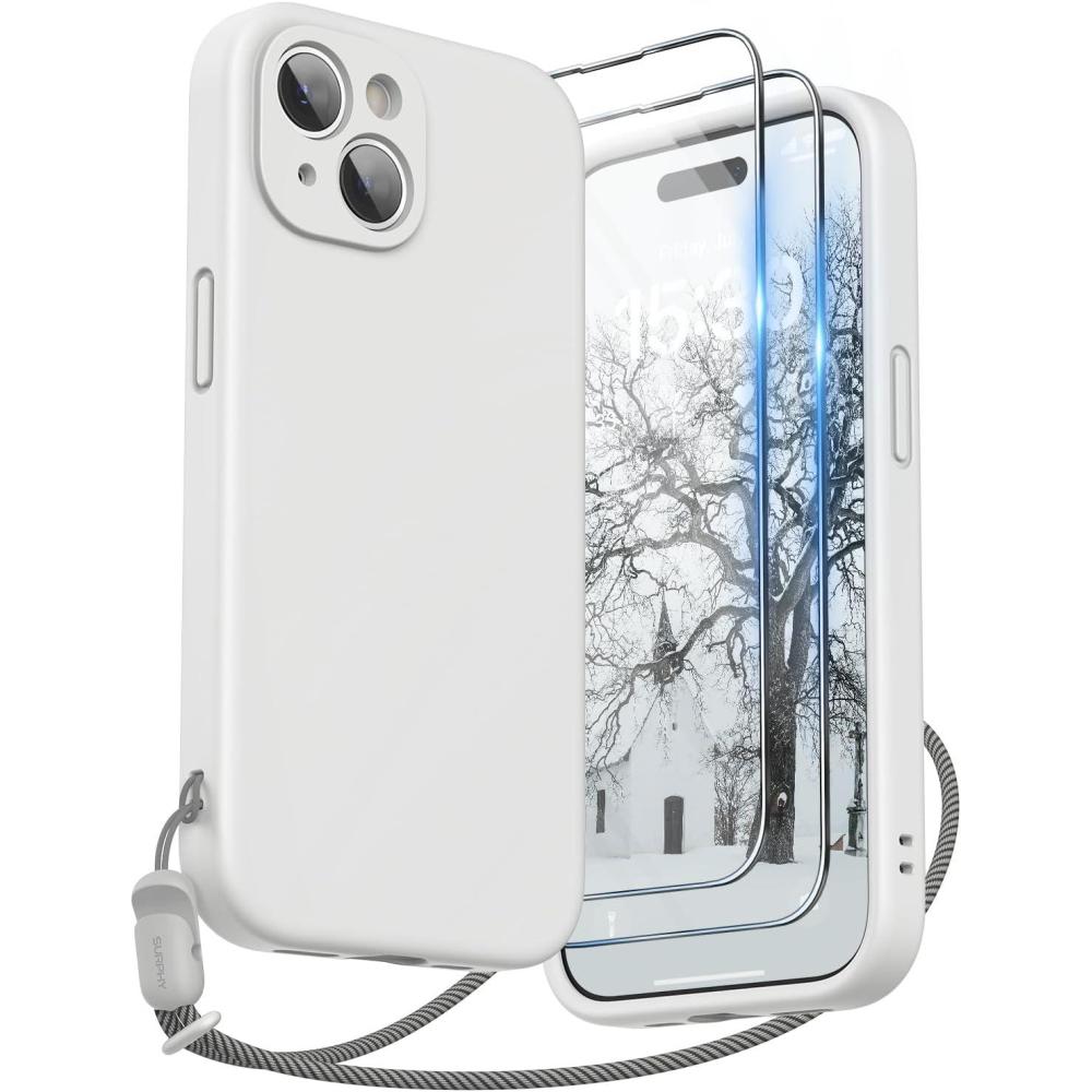 imageSURPHY Designed for iPhone 15 Case with Screen Protector and Lanyard Phone Strap and Liquid Silicone Phone Case Camera Protective ampamp Soft Microfiber Lining 61 inch 2023 Lilac PurpleWhite
