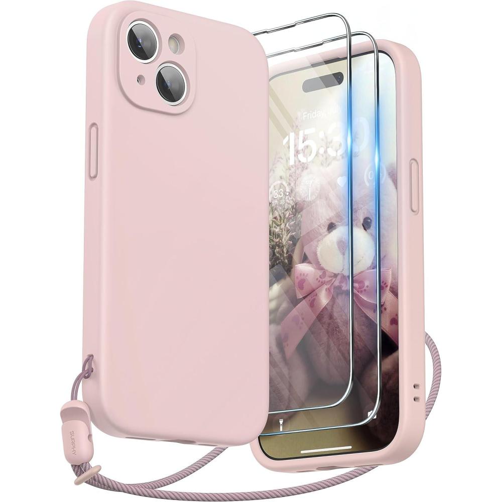 imageSURPHY Designed for iPhone 15 Case with Screen Protector and Lanyard Phone Strap and Liquid Silicone Phone Case Camera Protective ampamp Soft Microfiber Lining 61 inch 2023 Lilac PurplePink Sand