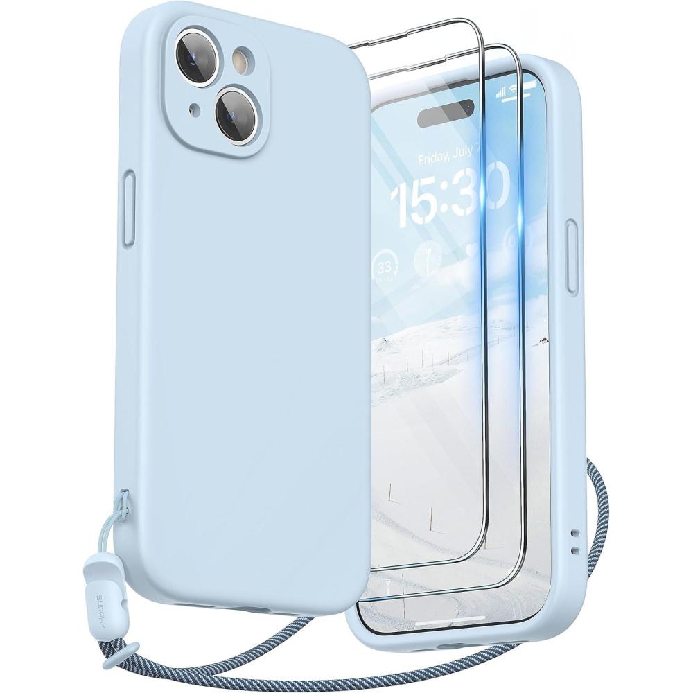 imageSURPHY Designed for iPhone 15 Case with Screen Protector and Lanyard Phone Strap and Liquid Silicone Phone Case Camera Protective ampamp Soft Microfiber Lining 61 inch 2023 Lilac PurpleCloud Blue