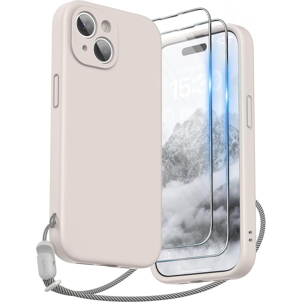 imageSURPHY Designed for iPhone 15 Case with Screen Protector and Lanyard Phone Strap and Liquid Silicone Phone Case Camera Protective ampamp Soft Microfiber Lining 61 inch 2023 Lilac PurpleStone