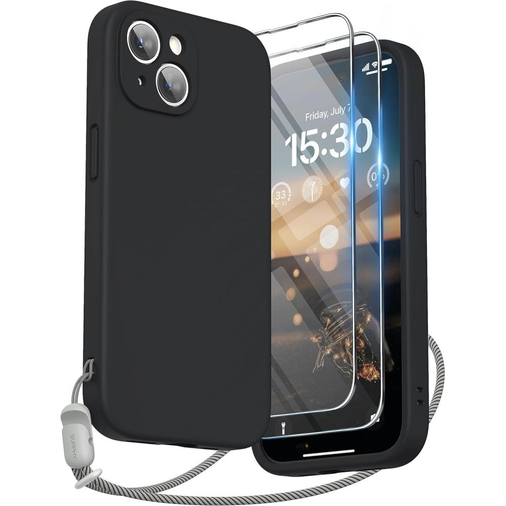 imageSURPHY Designed for iPhone 15 Case with Screen Protector and Lanyard Phone Strap and Liquid Silicone Phone Case Camera Protective ampamp Soft Microfiber Lining 61 inch 2023 Lilac PurpleBlack