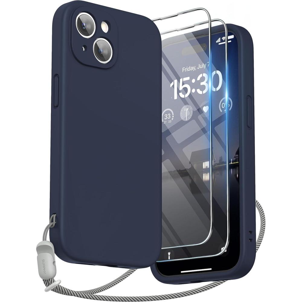 imageSURPHY Designed for iPhone 15 Case with Screen Protector and Lanyard Phone Strap and Liquid Silicone Phone Case Camera Protective ampamp Soft Microfiber Lining 61 inch 2023 Lilac PurpleMidnight Blue