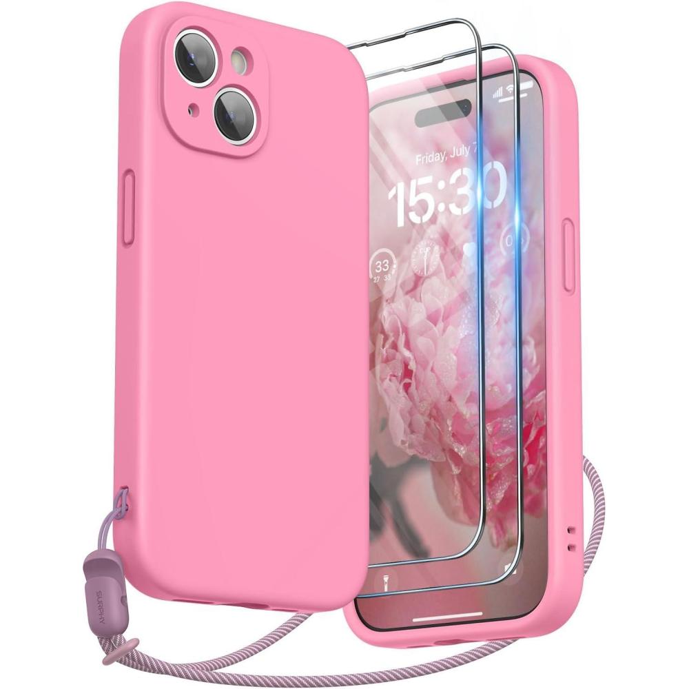 imageSURPHY Designed for iPhone 15 Case with Screen Protector and Lanyard Phone Strap and Liquid Silicone Phone Case Camera Protective ampamp Soft Microfiber Lining 61 inch 2023 Lilac PurplePink
