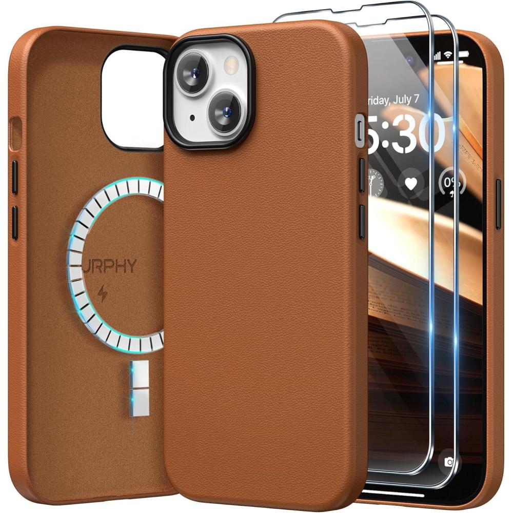 imageSURPHY Designed for iPhone 15 Leather Case with Screen Protector Compatible with MagSafe Faux Leather Case Metallic Buttons ampamp Microfiber Lining for 15 61 inch 2023 BrownBrown