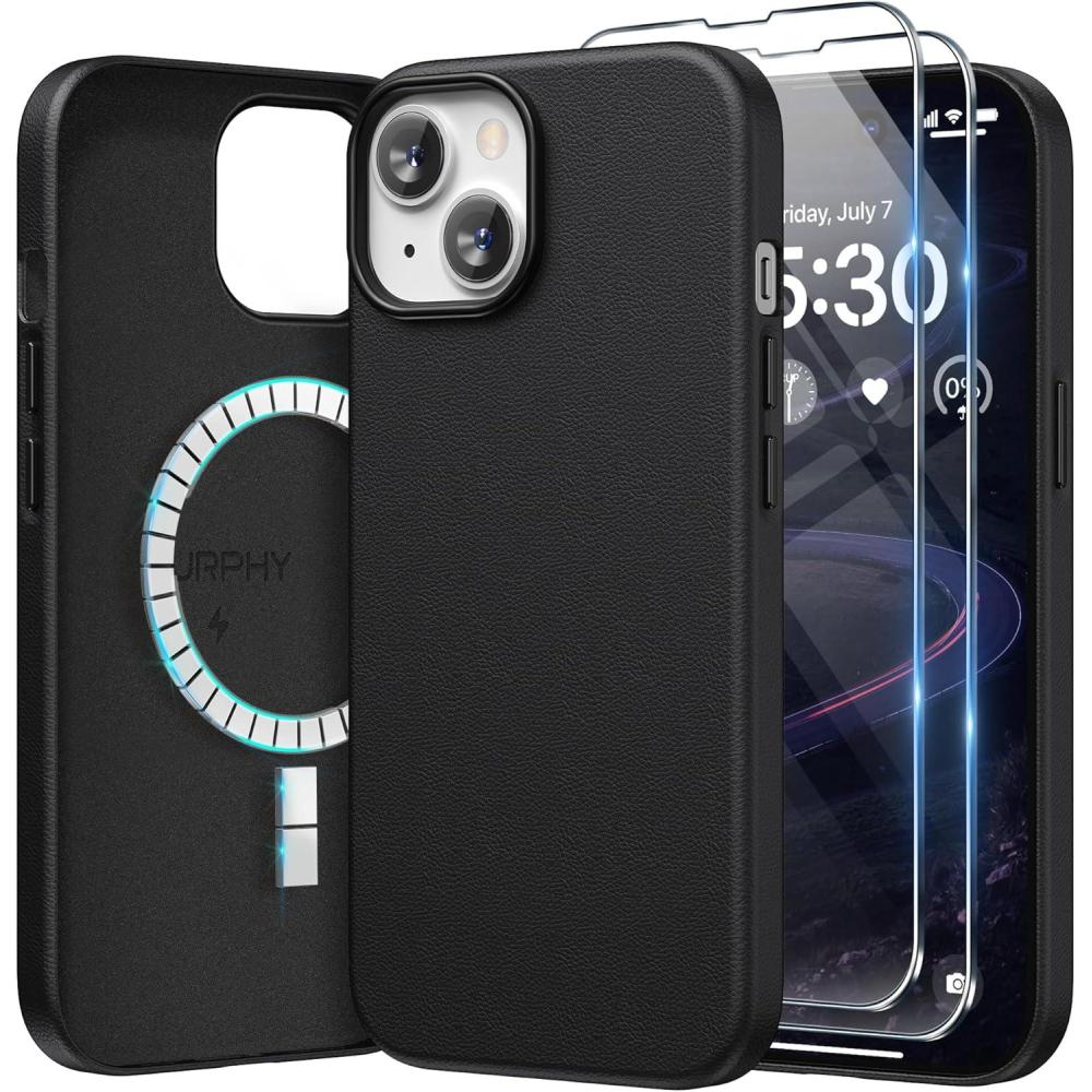 imageSURPHY Designed for iPhone 15 Leather Case with Screen Protector Compatible with MagSafe Faux Leather Case Metallic Buttons ampamp Microfiber Lining for 15 61 inch 2023 BrownBlack