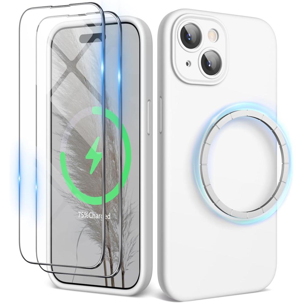 imageSURPHY Designed for iPhone 15 Plus Case Compatible with MagSafe 67 inch 2023 with 2 Pack Screen Protector Liquid Silicone Phone Case Camera Protective ampamp Soft Microfiber Lining Cactus GreenWhite