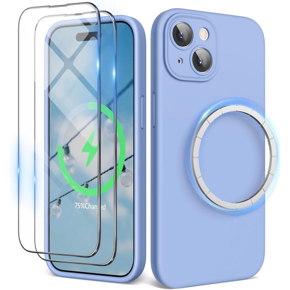 imageSURPHY Designed for iPhone 15 Plus Case Compatible with MagSafe 67 inch 2023 with 2 Pack Screen Protector Liquid Silicone Phone Case Camera Protective ampamp Soft Microfiber Lining Cactus GreenWinter Blue