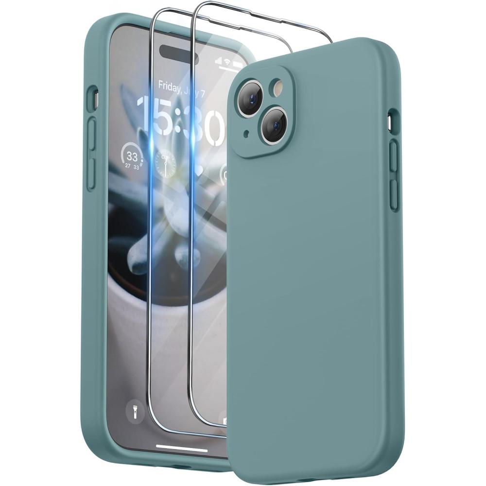 imageSURPHY Designed for iPhone 15 Plus Case with Screen Protector and Lanyard Phone Strap and Liquid Silicone Phone Case Camera Protective ampamp Soft Microfiber Lining 67 inch 2023 Lilac PurpleCactus Green