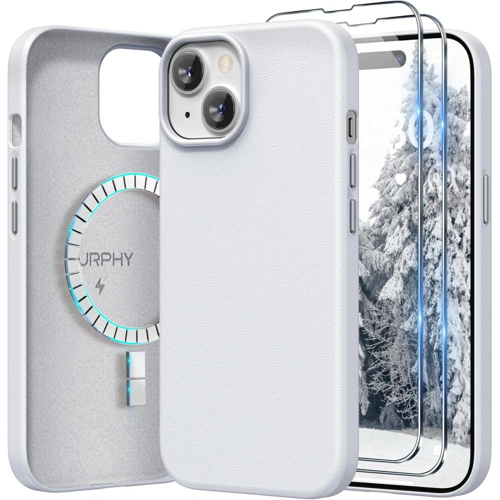 imageSURPHY Designed for iPhone 15 Plus Leather Case with Screen Protector Compatible with MagSafe Faux Leather Case Metallic Buttons ampamp Microfiber Lining for 15 Plus 67 inch 2023 BrownCool White