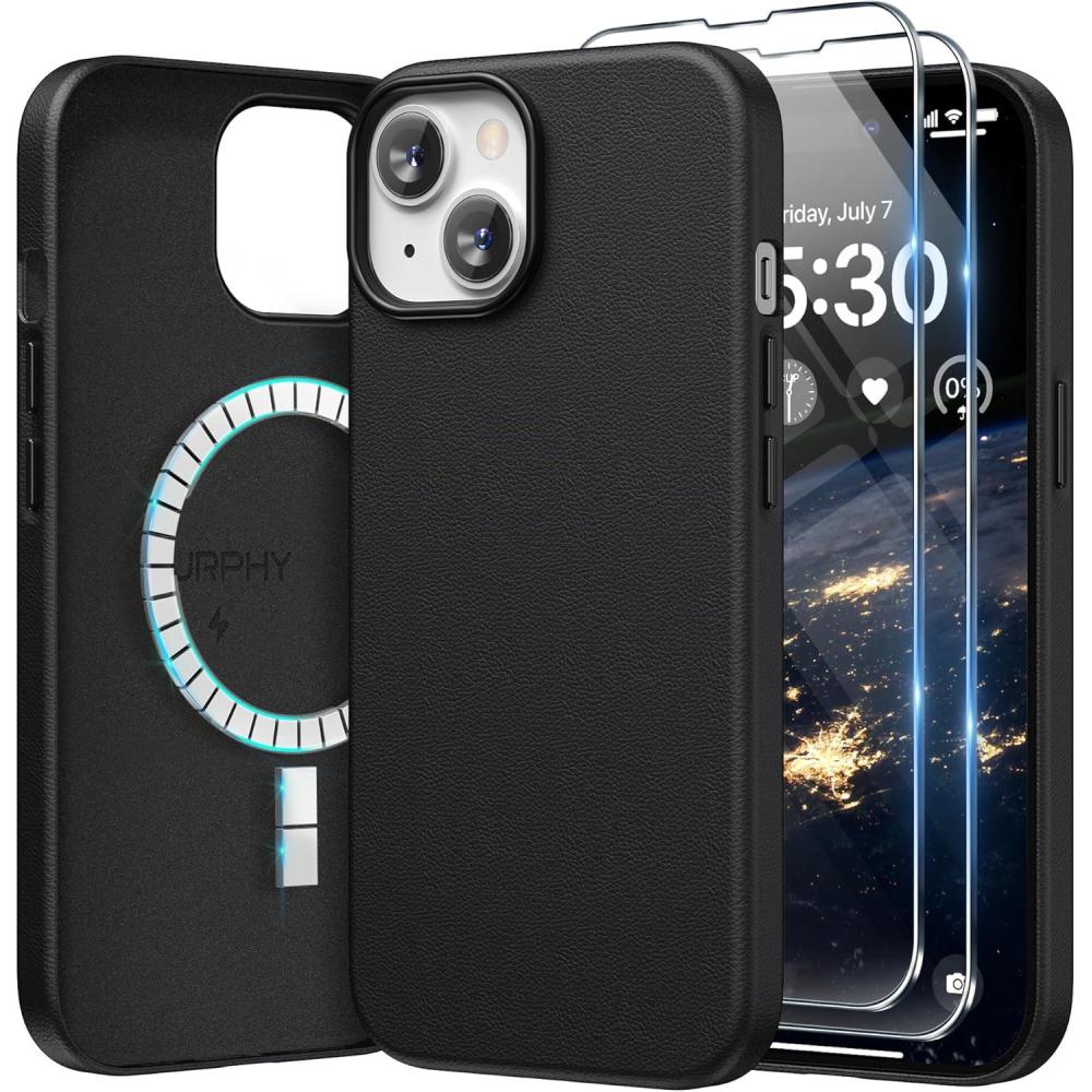 imageSURPHY Designed for iPhone 15 Plus Leather Case with Screen Protector Compatible with MagSafe Faux Leather Case Metallic Buttons ampamp Microfiber Lining for 15 Plus 67 inch 2023 BrownBlack