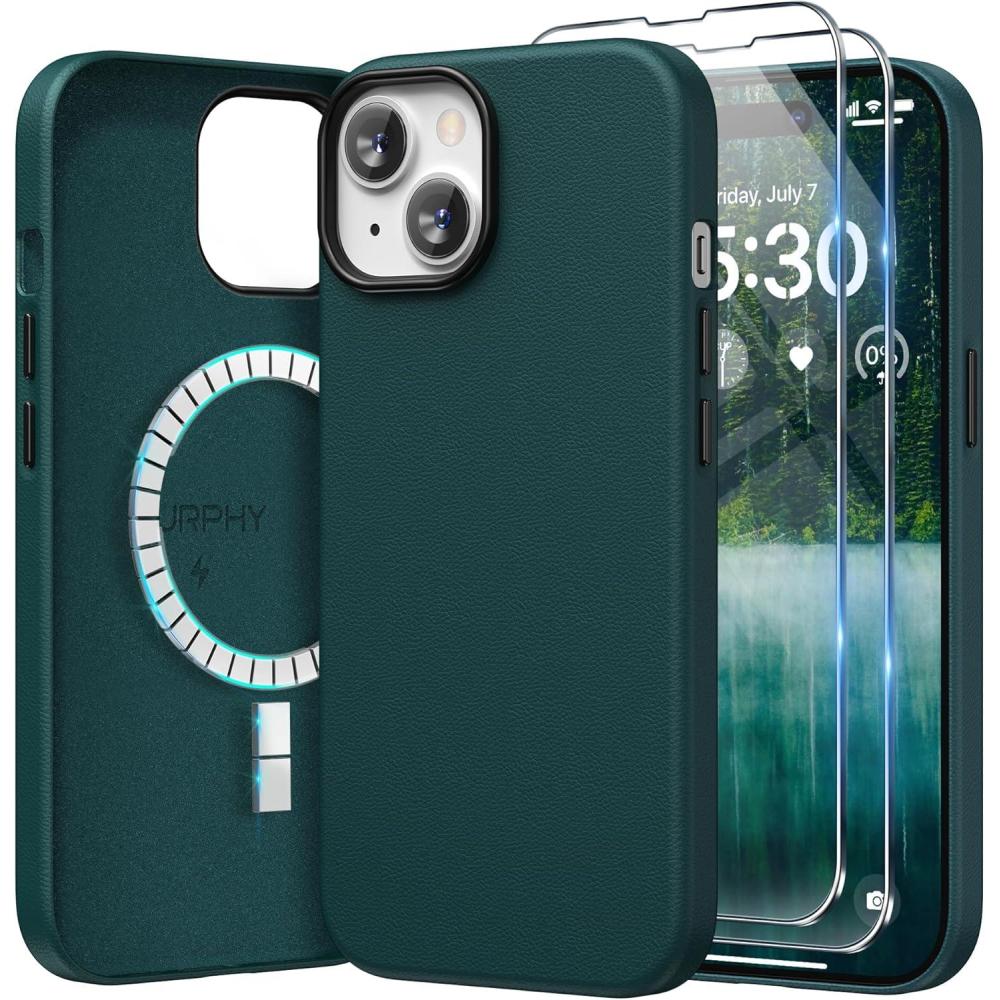 imageSURPHY Designed for iPhone 15 Plus Leather Case with Screen Protector Compatible with MagSafe Faux Leather Case Metallic Buttons ampamp Microfiber Lining for 15 Plus 67 inch 2023 BrownForest Green