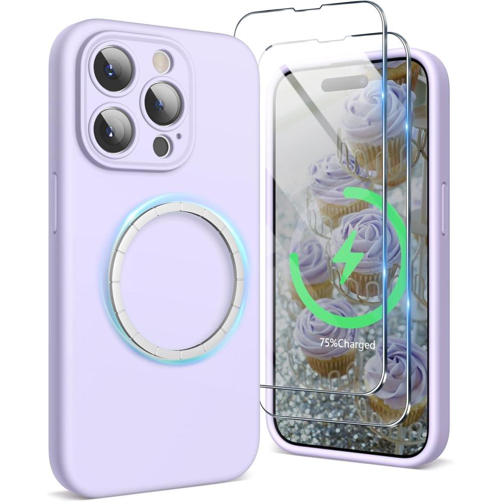 imageSURPHY Designed for iPhone 15 Pro Case Compatible with MagSafe 61 inch 2023 with 2 Pack Screen Protector Liquid Silicone Phone Case Camera Protective ampamp Soft Microfiber Lining Cactus GreenLilac